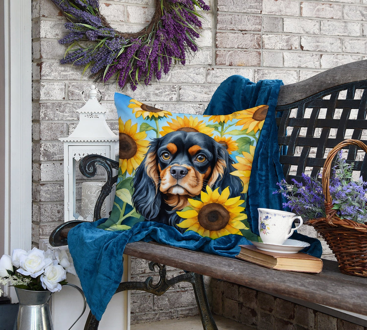 Cavalier Spaniel in Sunflowers Throw Pillow-3