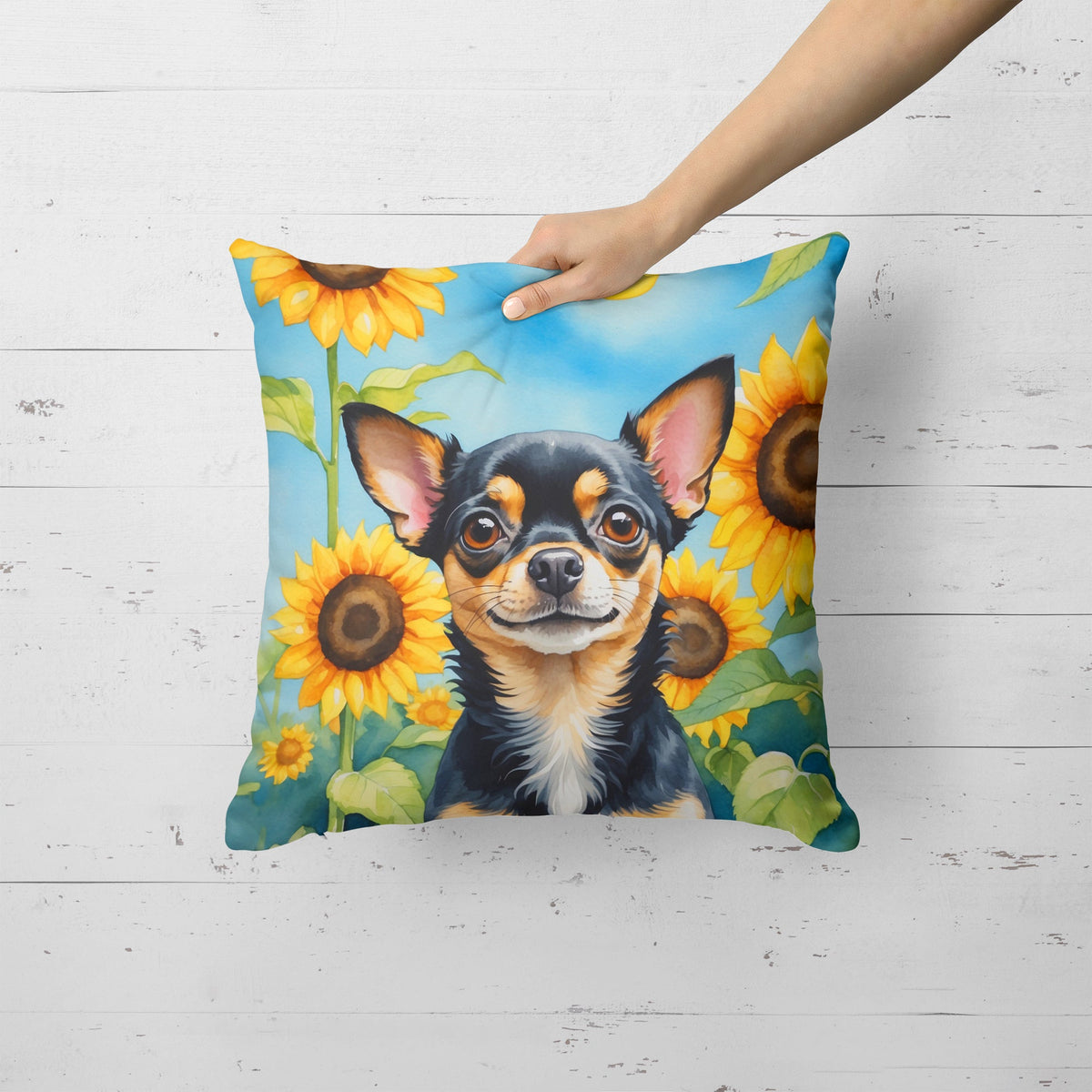 Chihuahua in Sunflowers Throw Pillow-1