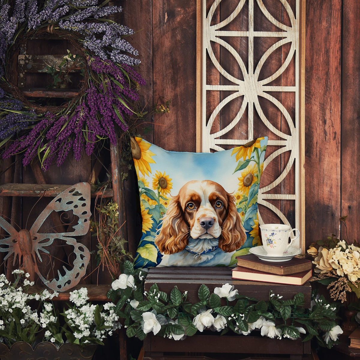 Cocker Spaniel in Sunflowers Throw Pillow-3