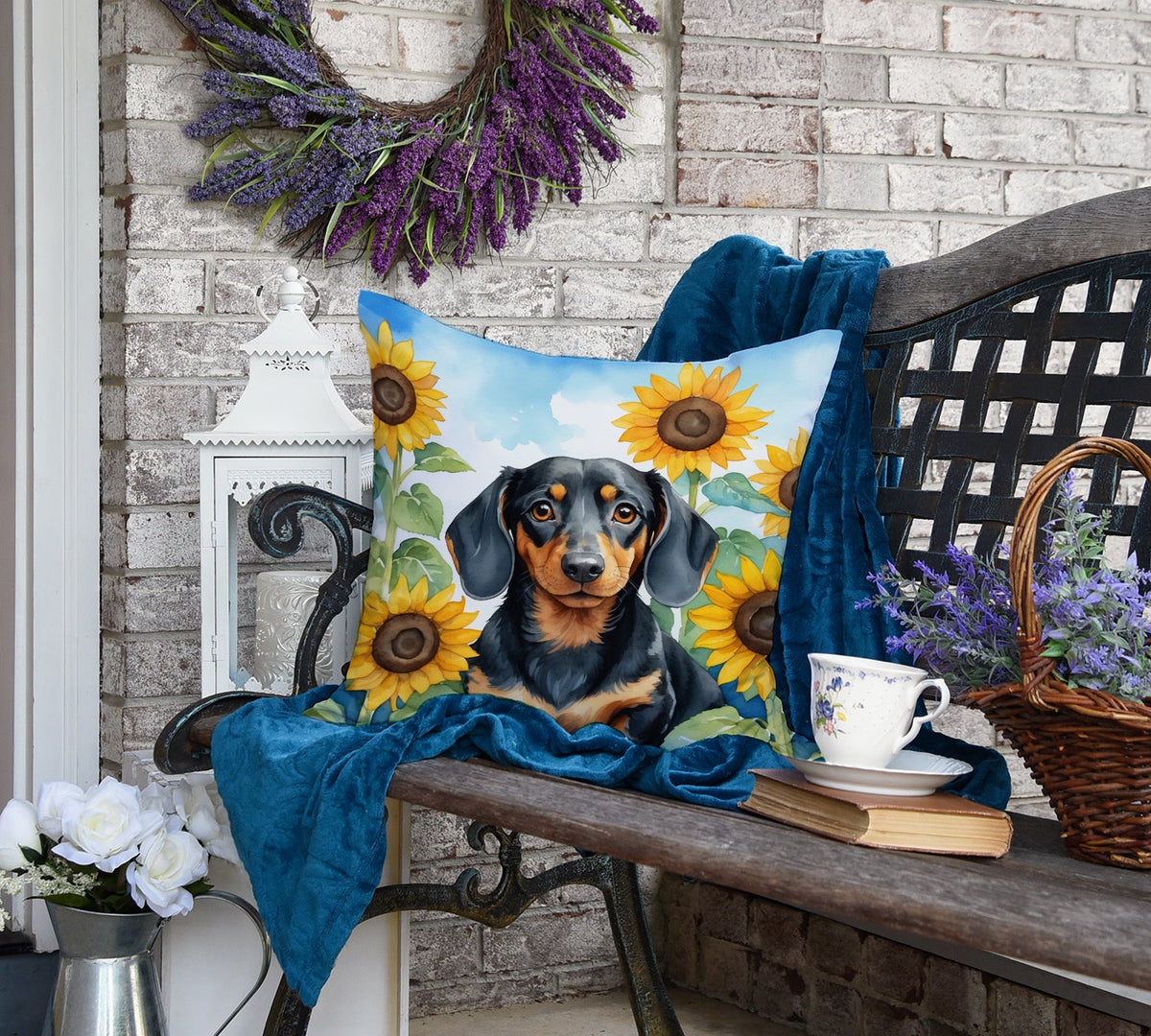 Dachshund in Sunflowers Throw Pillow-3