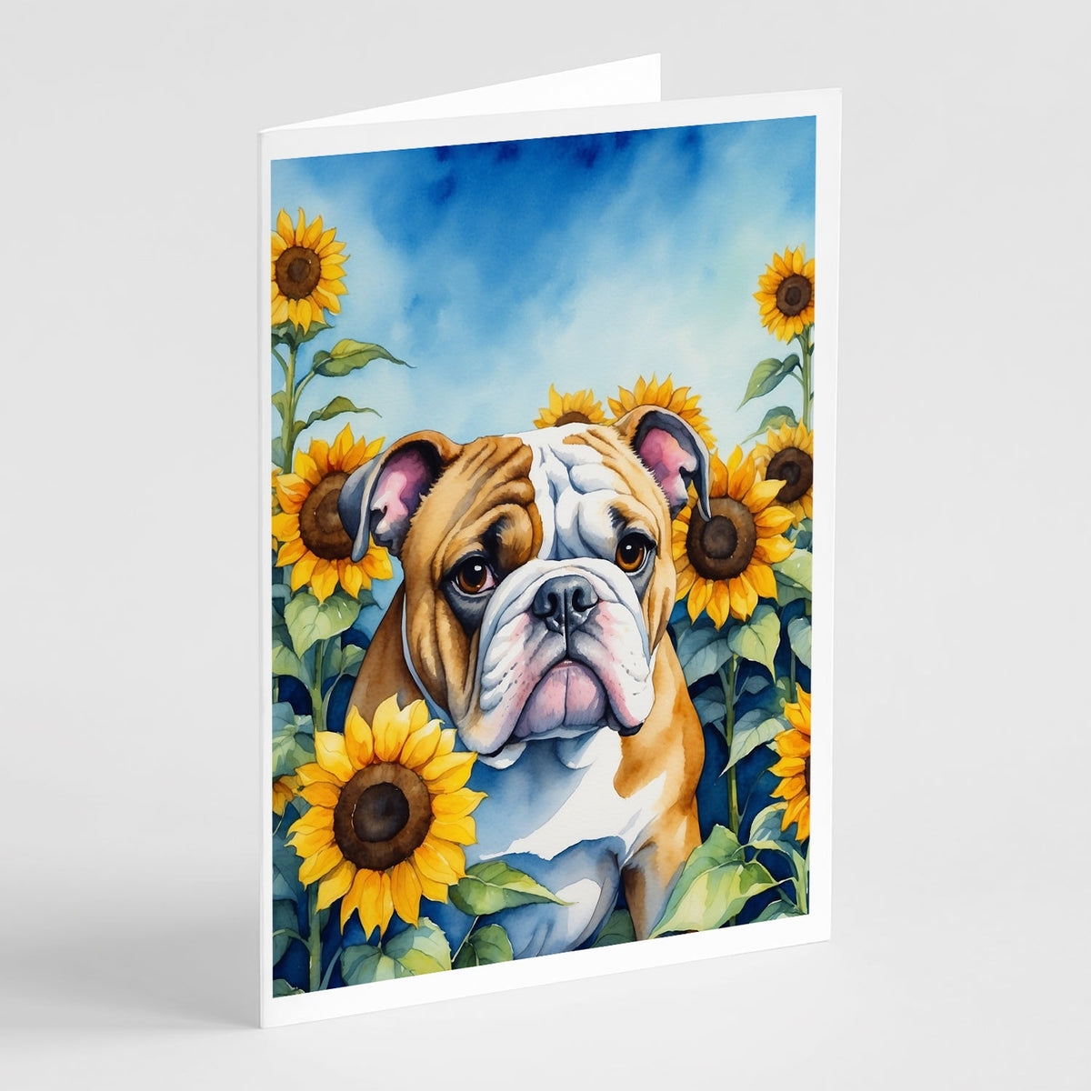 English Bulldog in Sunflowers Greeting Cards Pack of 8-0