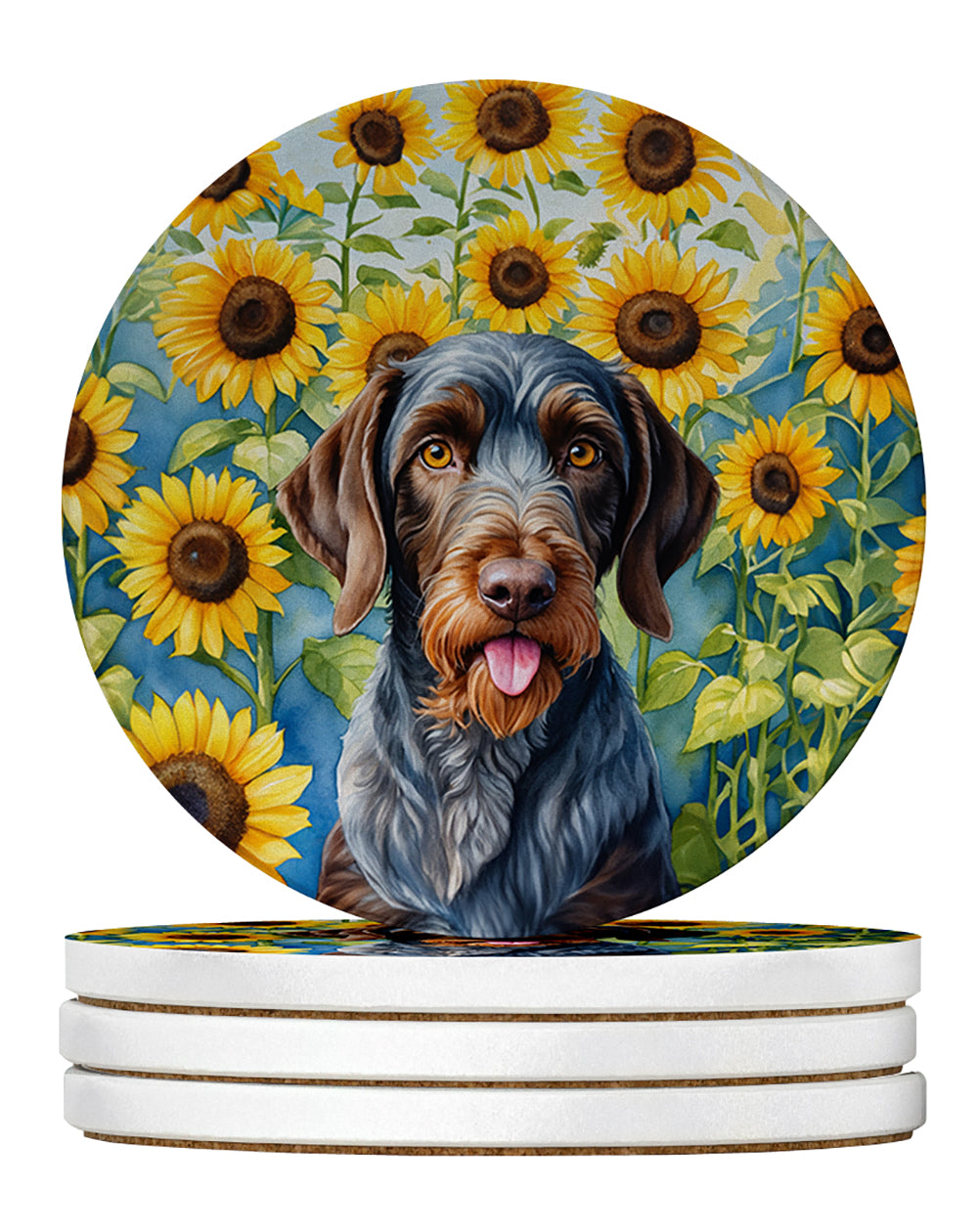 German Wirehaired Pointer in Sunflowers Large Sandstone Coasters Pack of 4-0