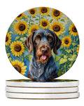 German Wirehaired Pointer in Sunflowers Large Sandstone Coasters Pack of 4-0