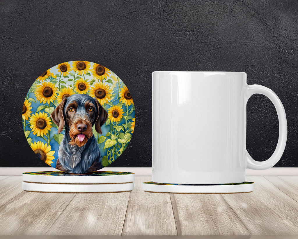 German Wirehaired Pointer in Sunflowers Large Sandstone Coasters Pack of 4-1