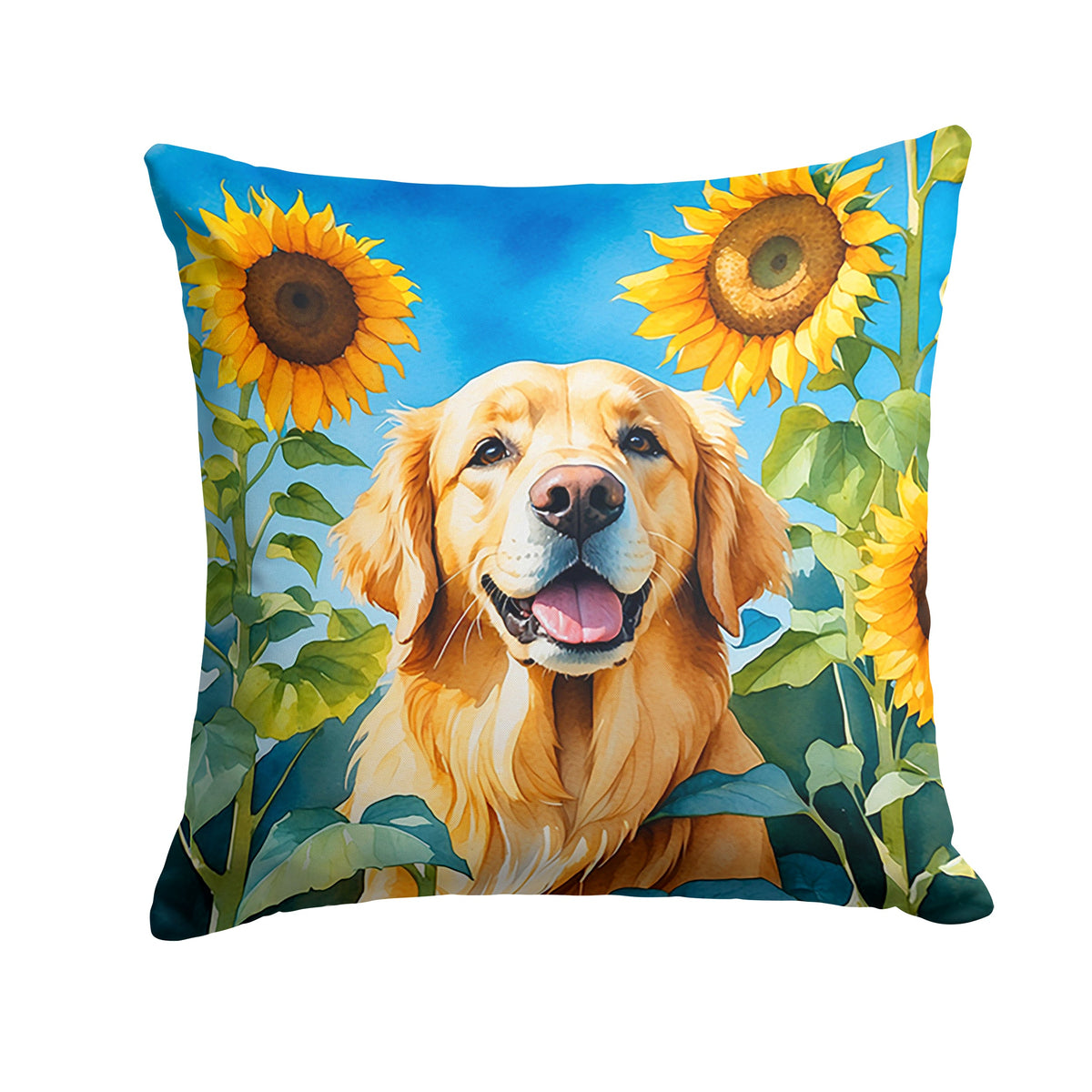 Golden Retriever in Sunflowers Throw Pillow-0