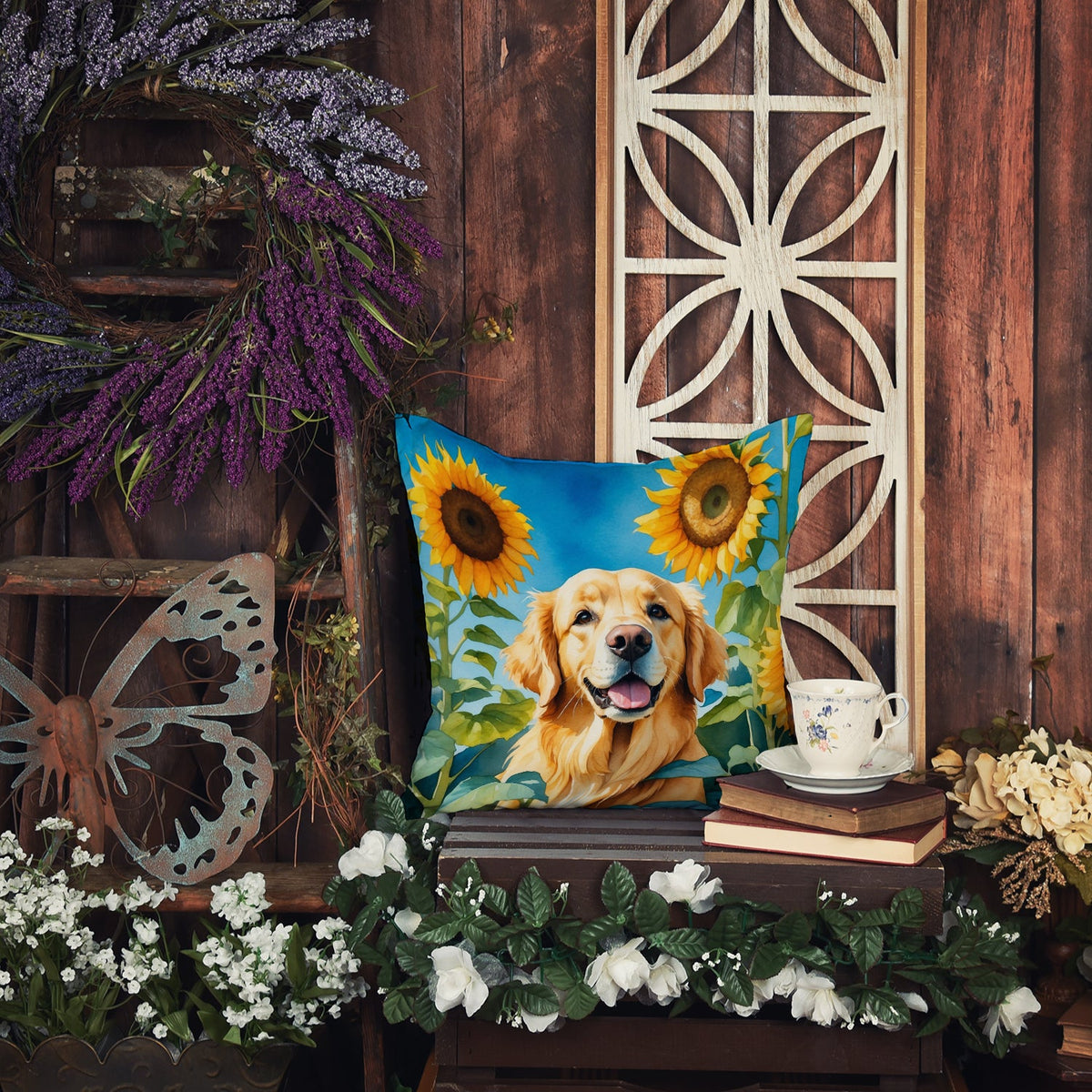 Golden Retriever in Sunflowers Throw Pillow-3