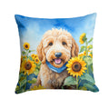 Goldendoodle in Sunflowers Throw Pillow-0