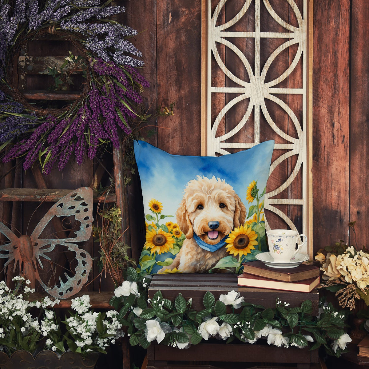 Goldendoodle in Sunflowers Throw Pillow-3