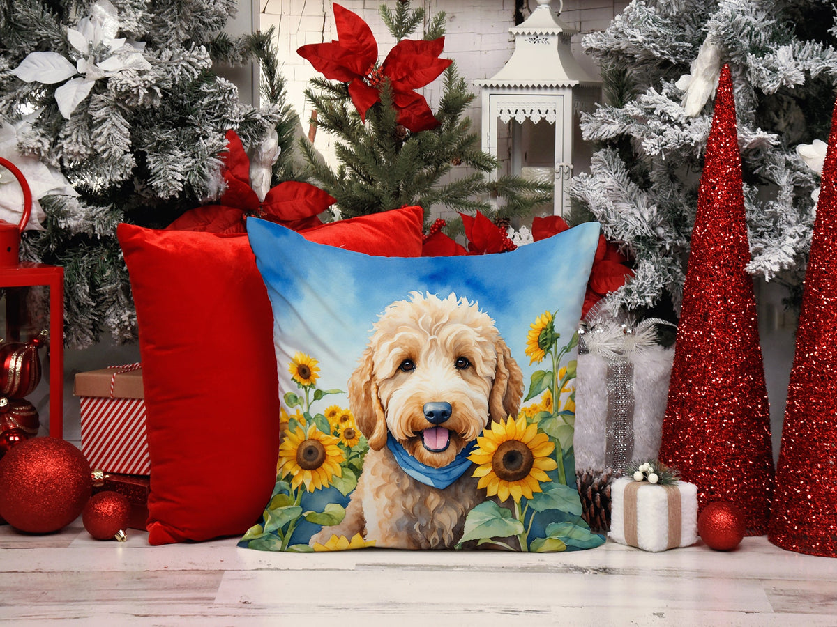 Goldendoodle in Sunflowers Throw Pillow-4