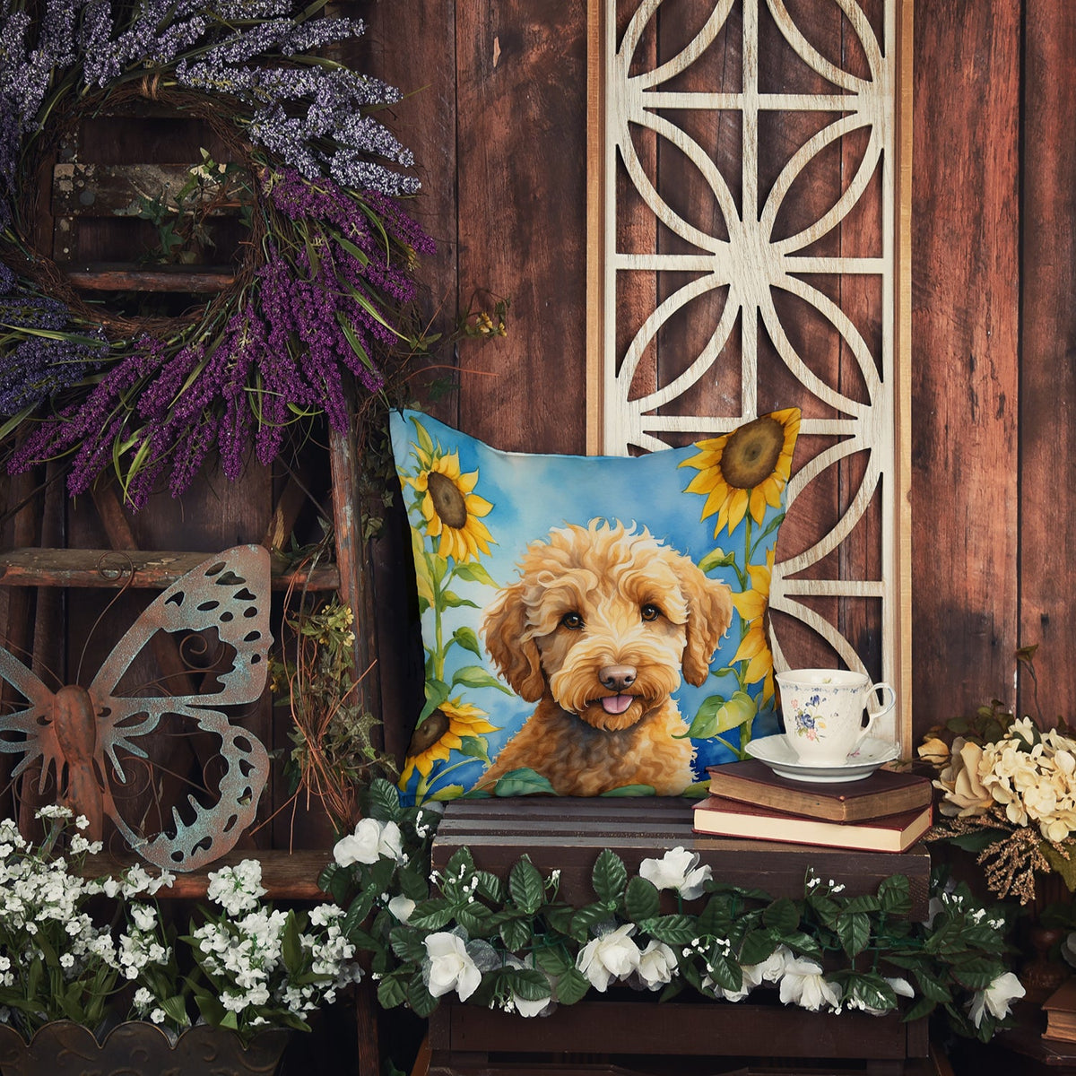 Labradoodle in Sunflowers Throw Pillow-4