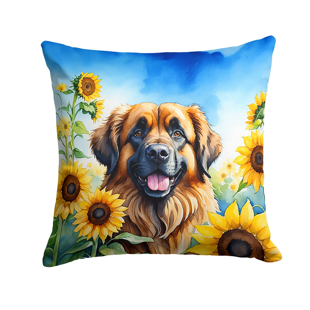 Leonberger in Sunflowers Throw Pillow-0