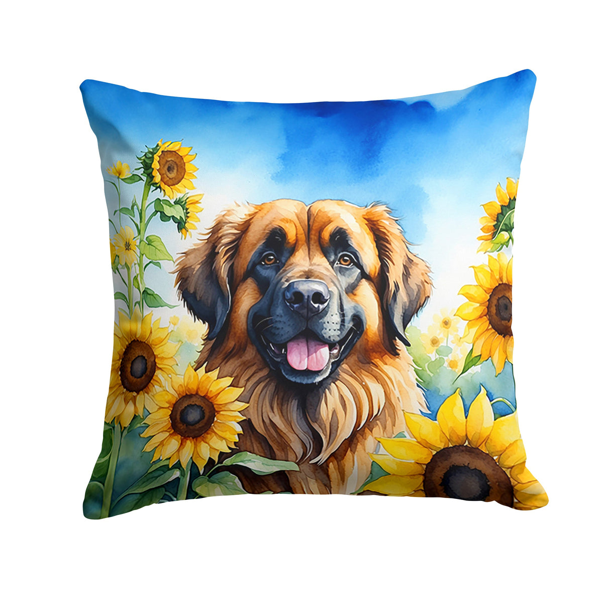 Leonberger in Sunflowers Throw Pillow-0