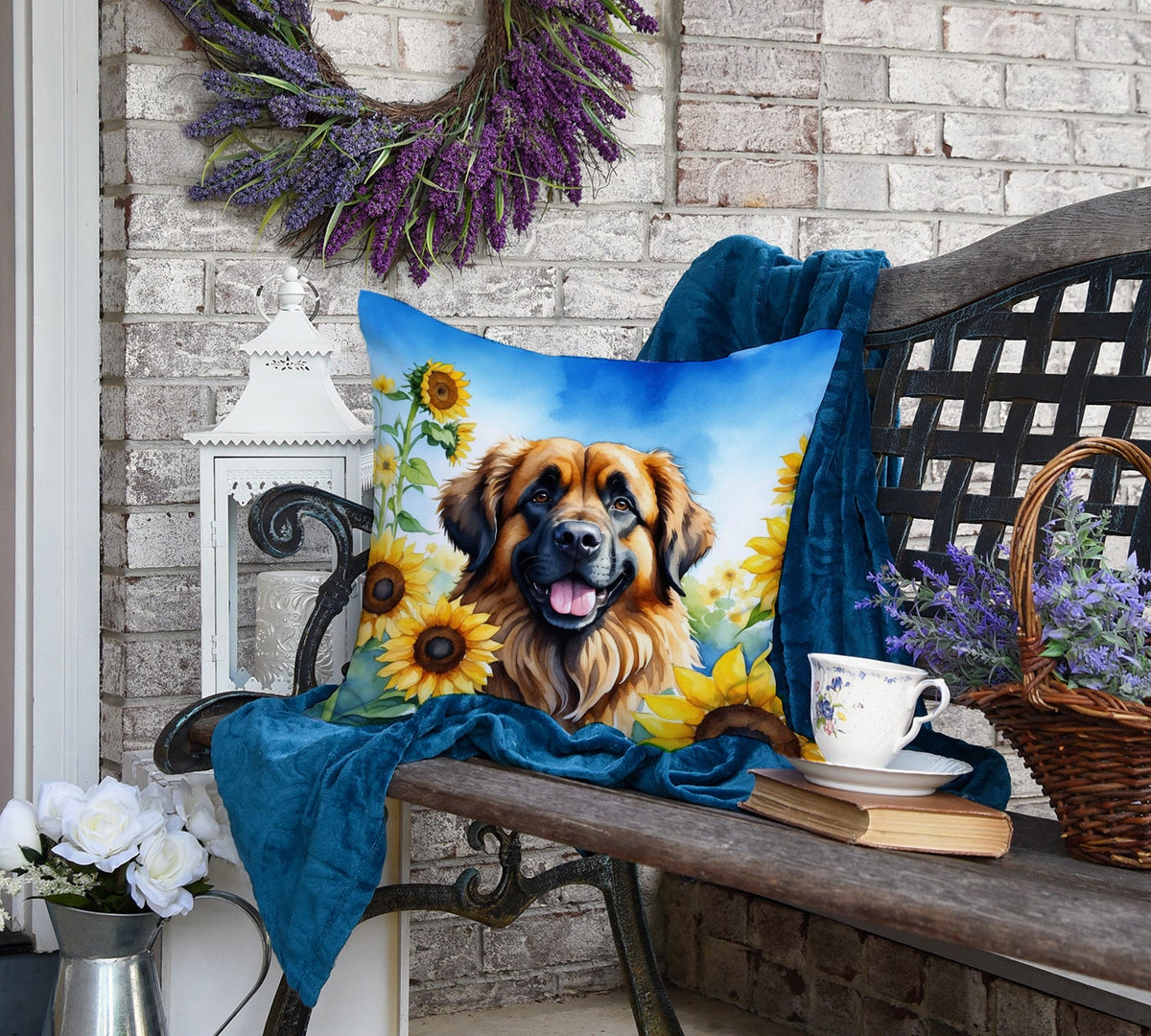 Leonberger in Sunflowers Throw Pillow-3