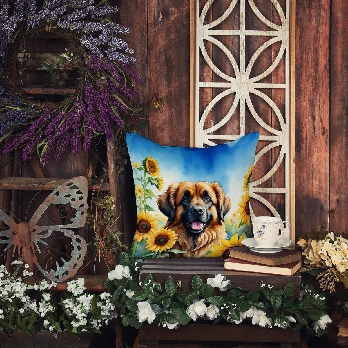Leonberger in Sunflowers Throw Pillow-4