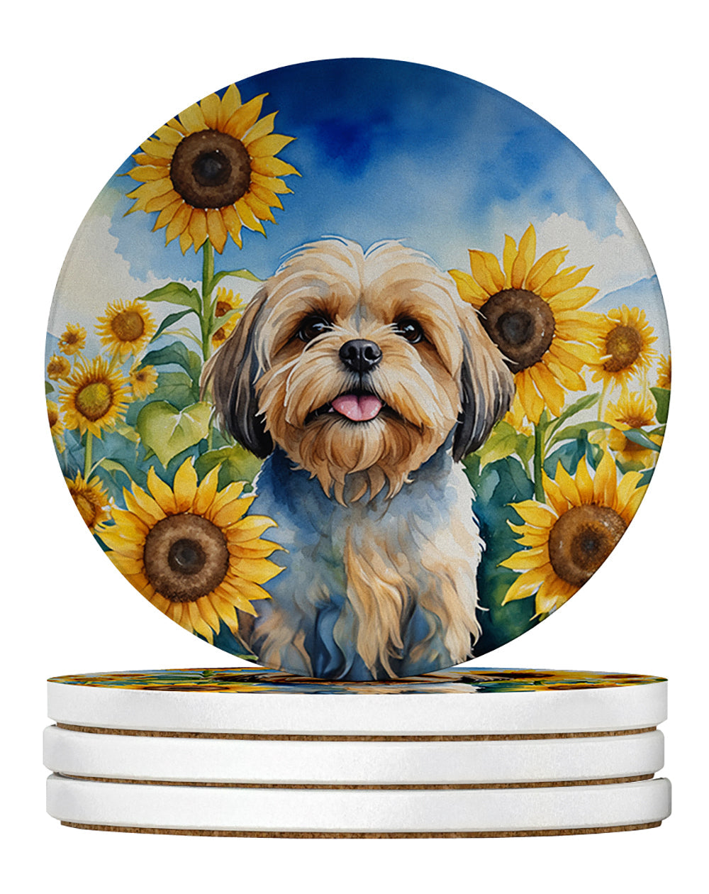 Lhasa Apso in Sunflowers Large Sandstone Coasters Pack of 4-0