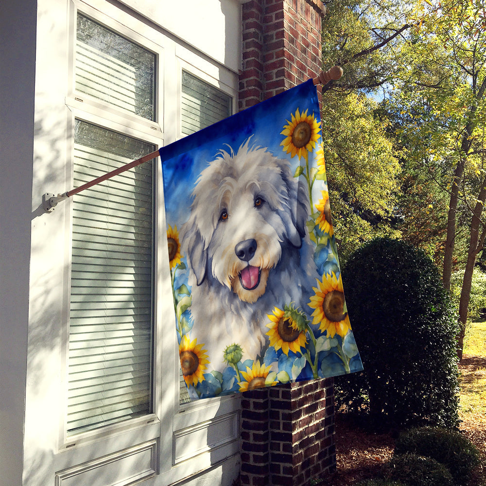 Old English Sheepdog in Sunflowers House Flag-1