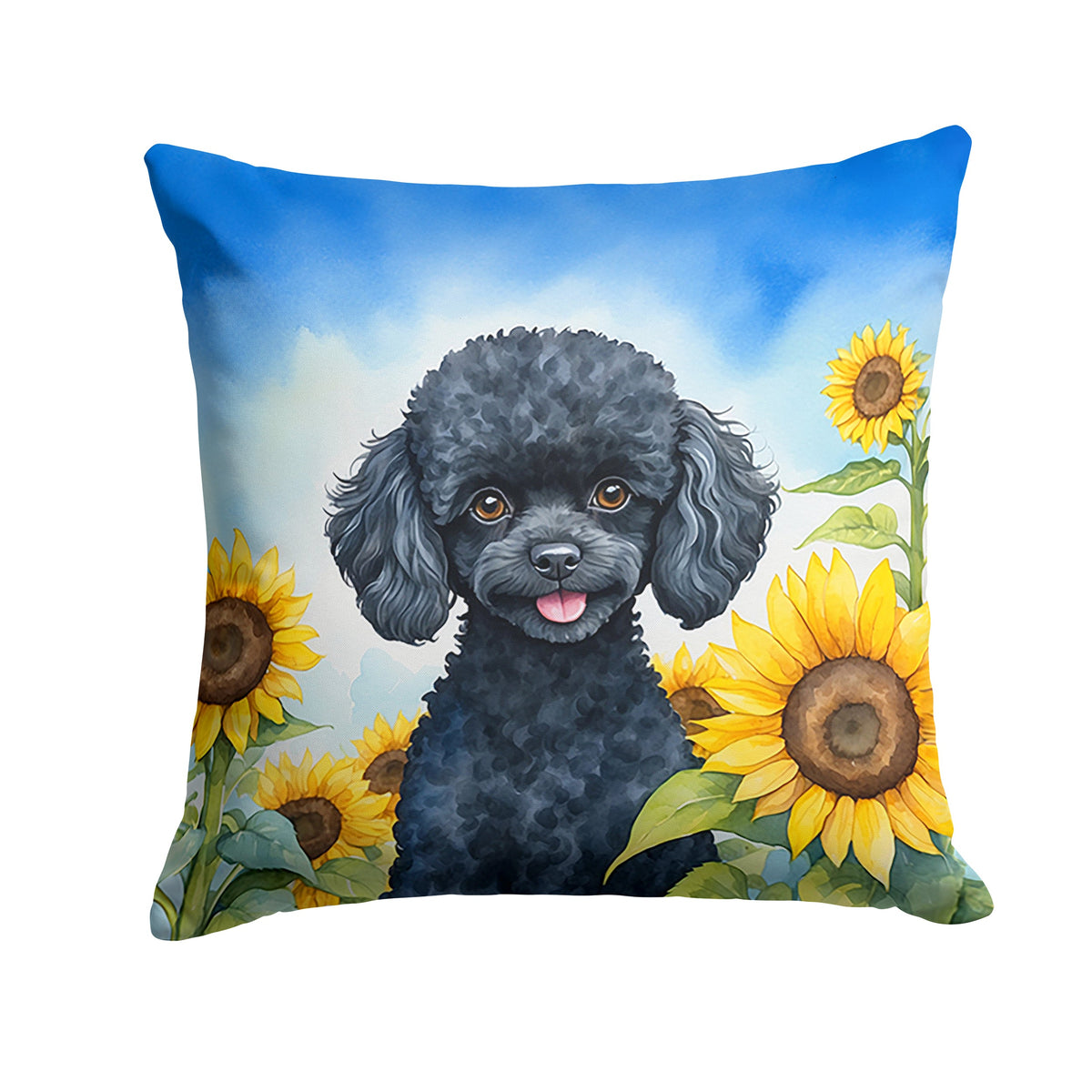 Black Poodle in Sunflowers Throw Pillow-0
