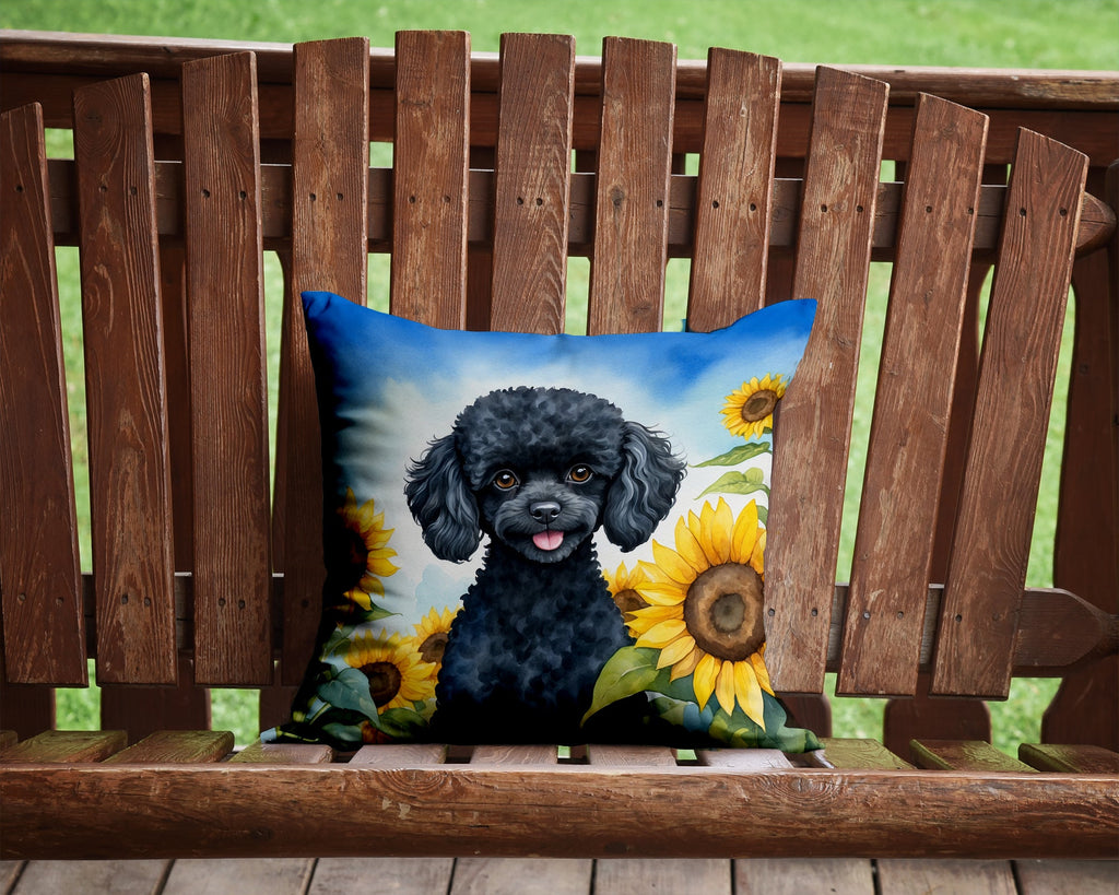 Black Poodle in Sunflowers Throw Pillow-1