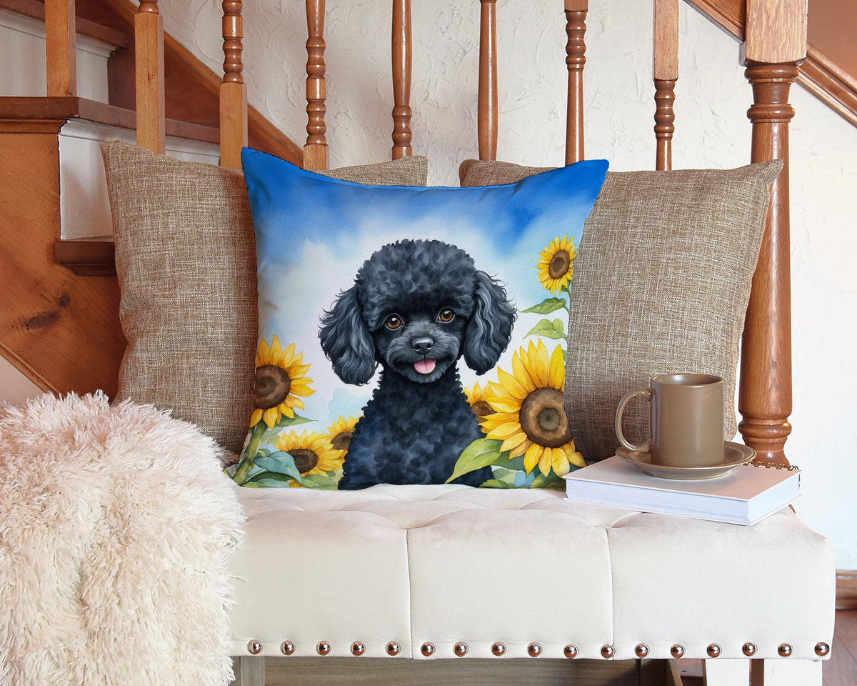 Black Poodle in Sunflowers Throw Pillow-2