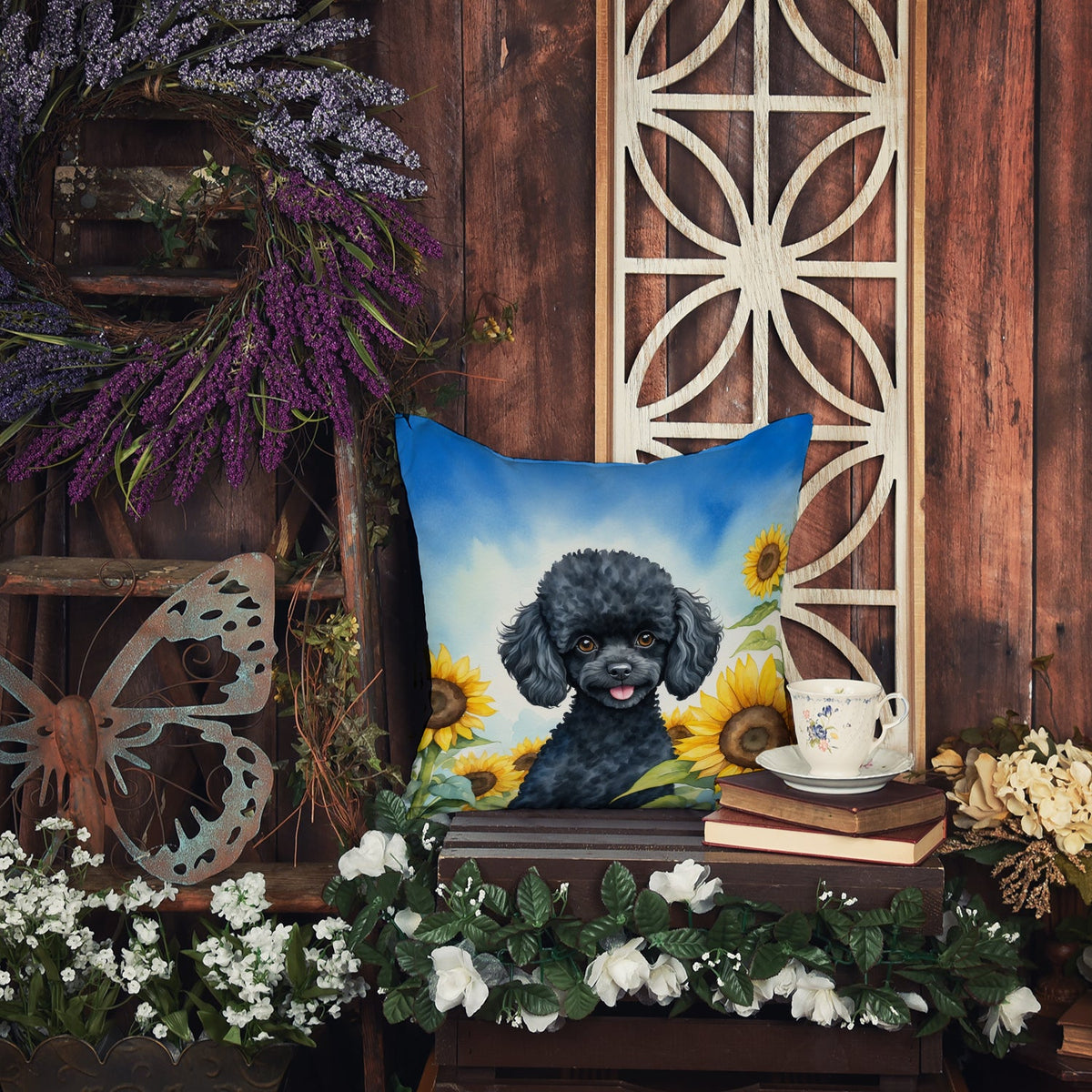 Black Poodle in Sunflowers Throw Pillow-3