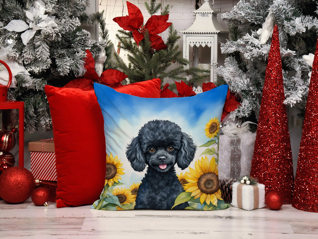 Black Poodle in Sunflowers Throw Pillow-4