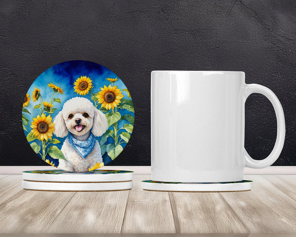 White Poodle in Sunflowers Large Sandstone Coasters Pack of 4-1