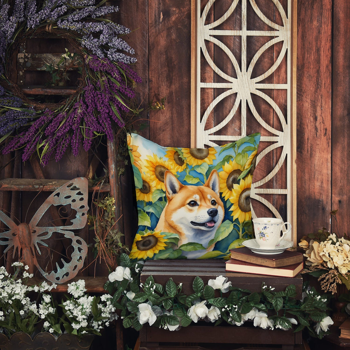 Shiba Inu in Sunflowers Throw Pillow-3