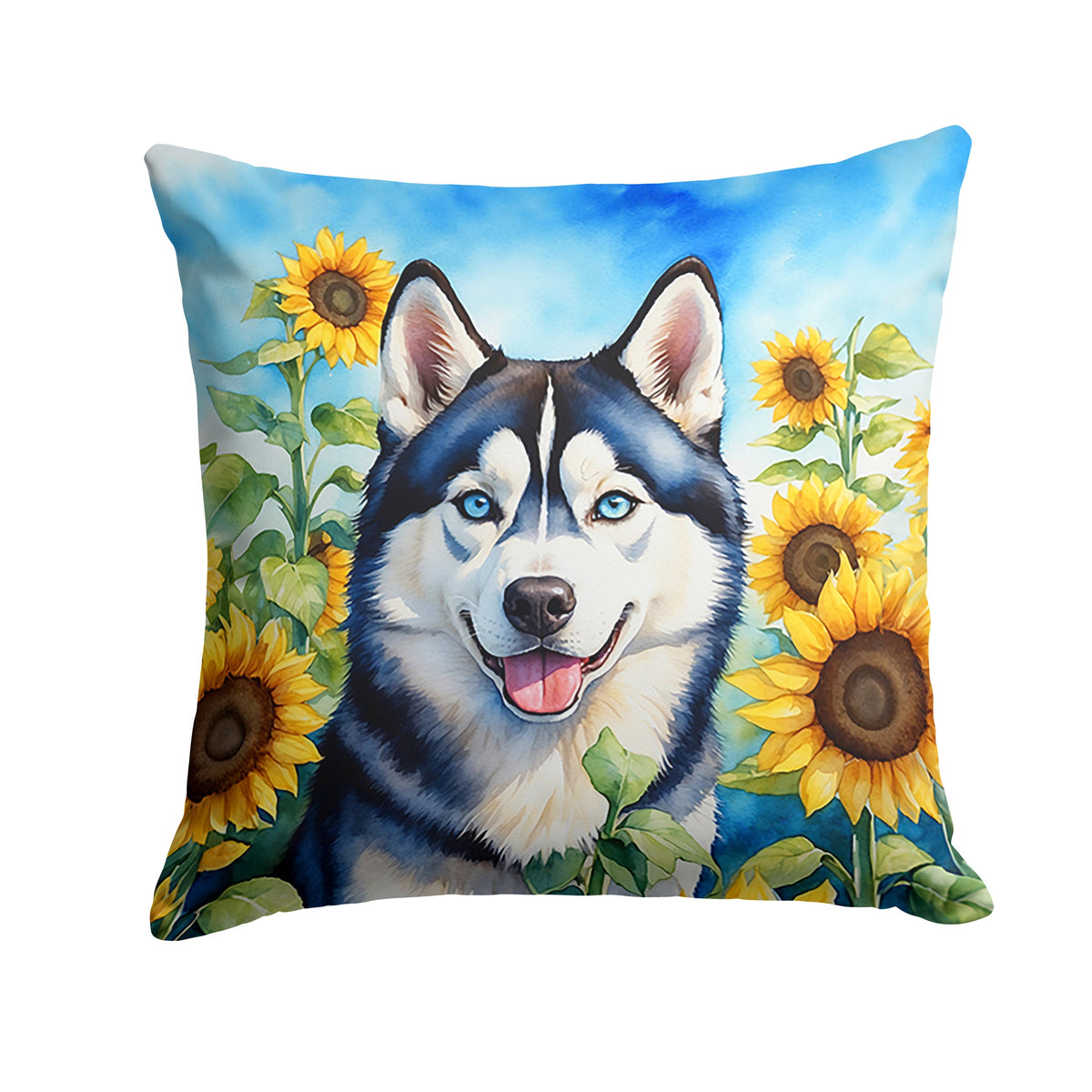 Siberian Husky in Sunflowers Throw Pillow-0