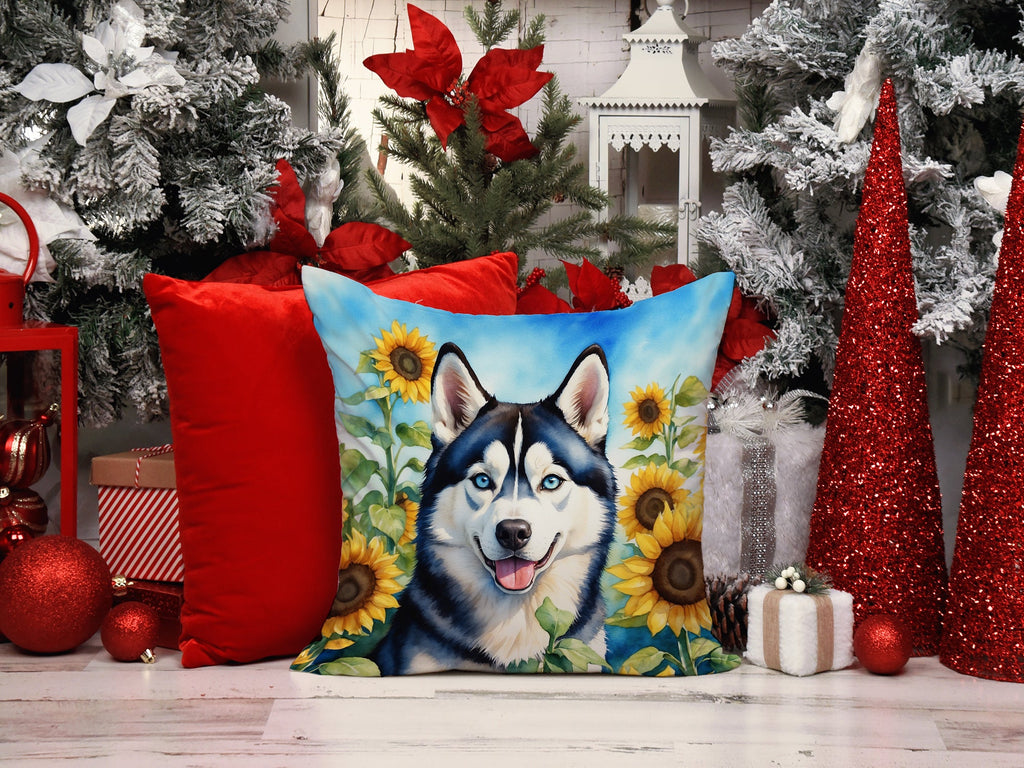 Siberian Husky in Sunflowers Throw Pillow-4