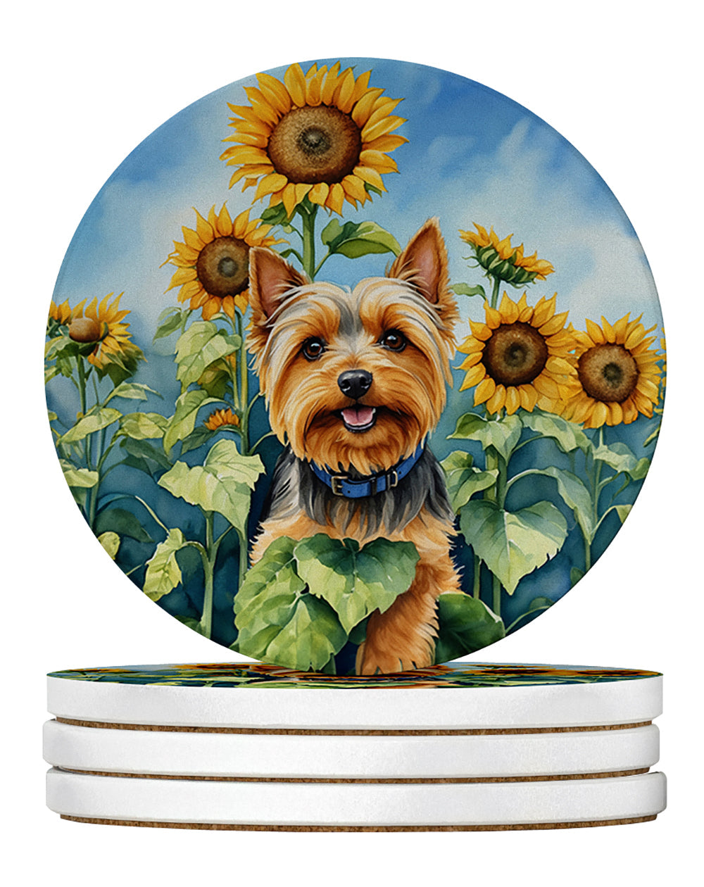 Silky Terrier in Sunflowers Large Sandstone Coasters Pack of 4-0