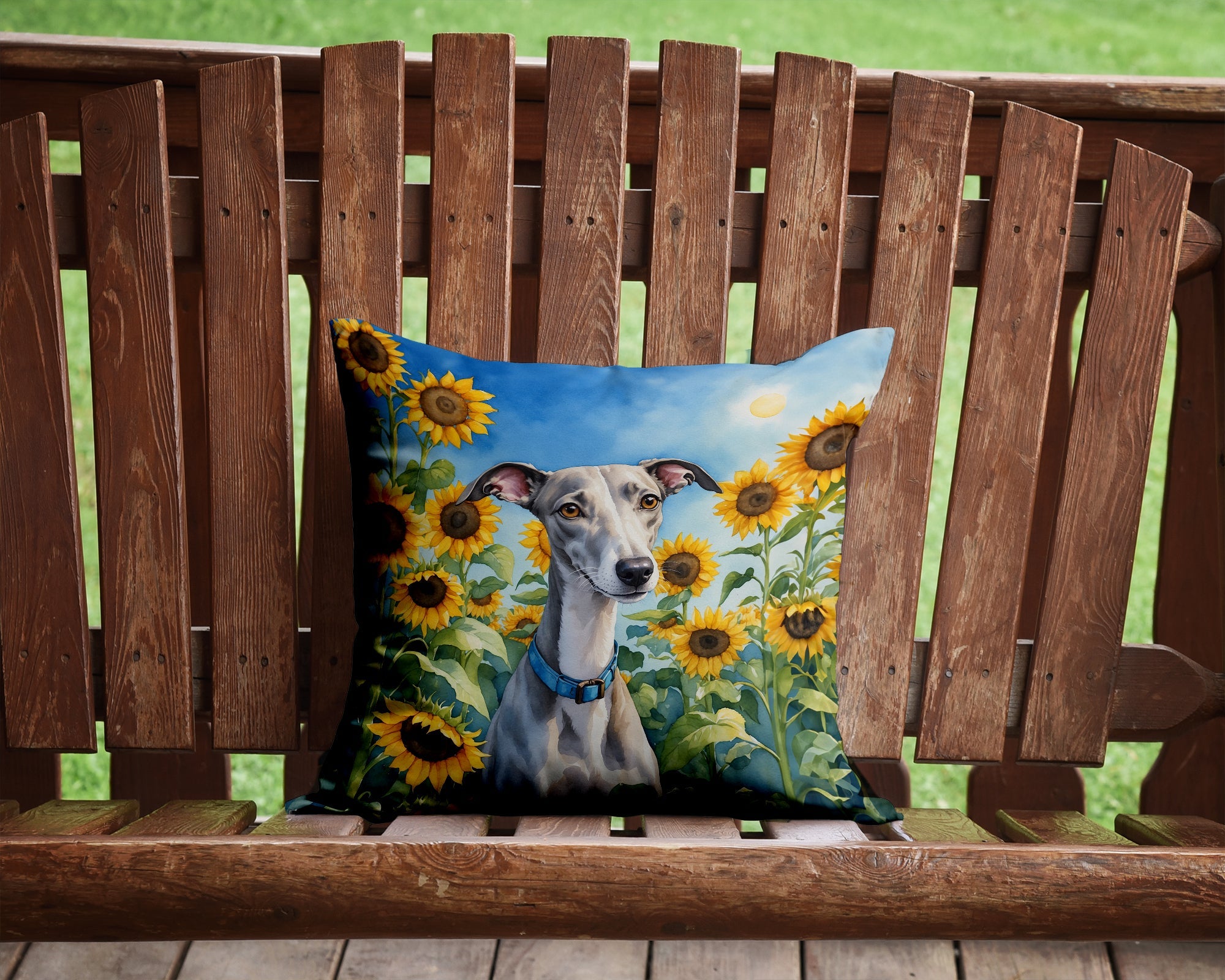 Whippet in sunflowers throw pillow, square water-resistant outdoor cushion with vibrant dog and floral print — view 2