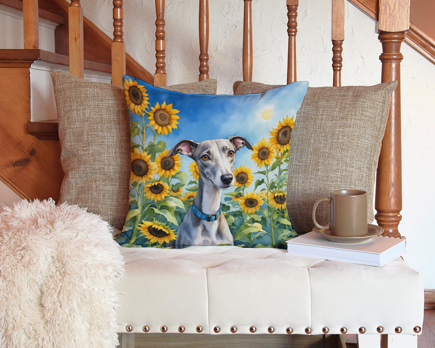 Whippet in sunflowers throw pillow, square water-resistant outdoor cushion with vibrant dog and floral print — view 3