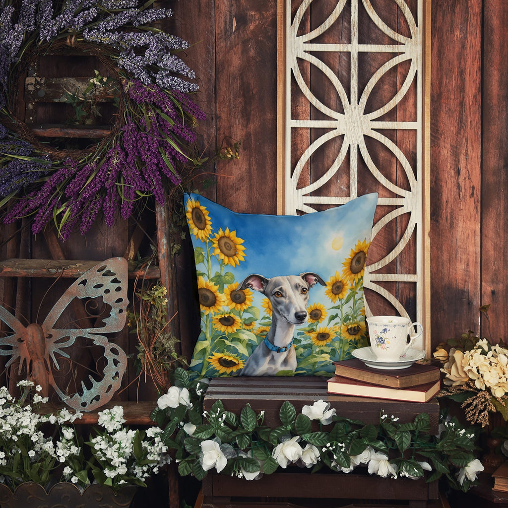 Whippet in sunflowers throw pillow, square water-resistant outdoor cushion with vibrant dog and floral print — view 4