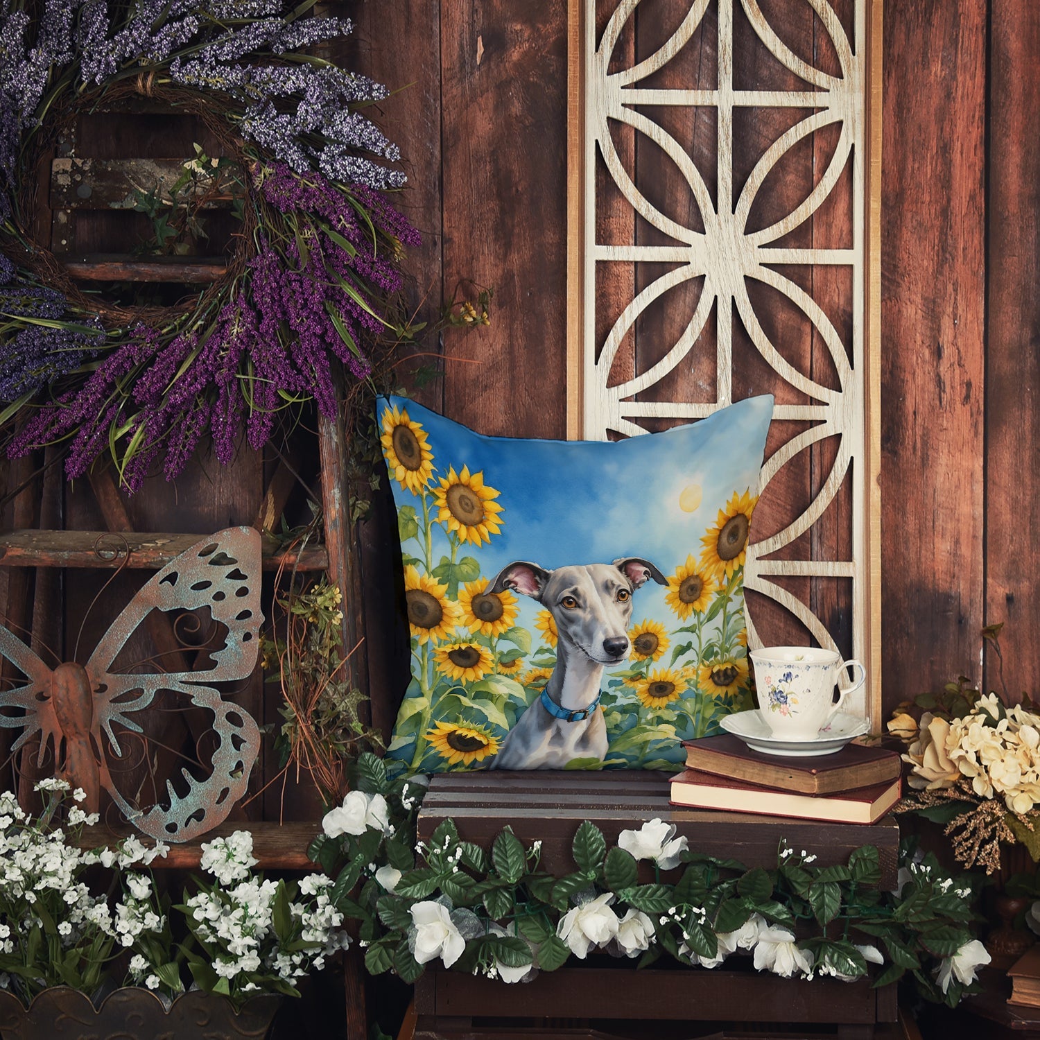 Whippet in sunflowers throw pillow, square water-resistant outdoor cushion with vibrant dog and floral print — view 4