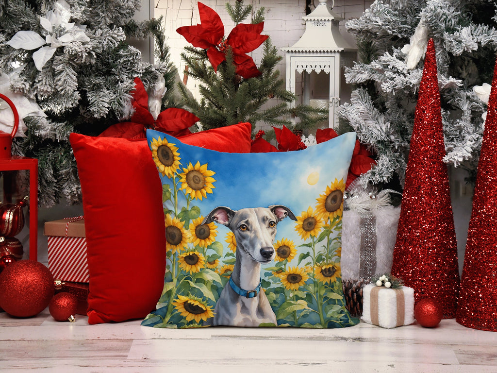 Whippet in sunflowers throw pillow, square water-resistant outdoor cushion with vibrant dog and floral print — view 5