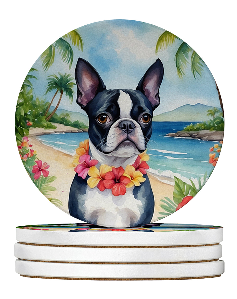 Boston Terrier Luau Large Sandstone Coasters Pack of 4-0
