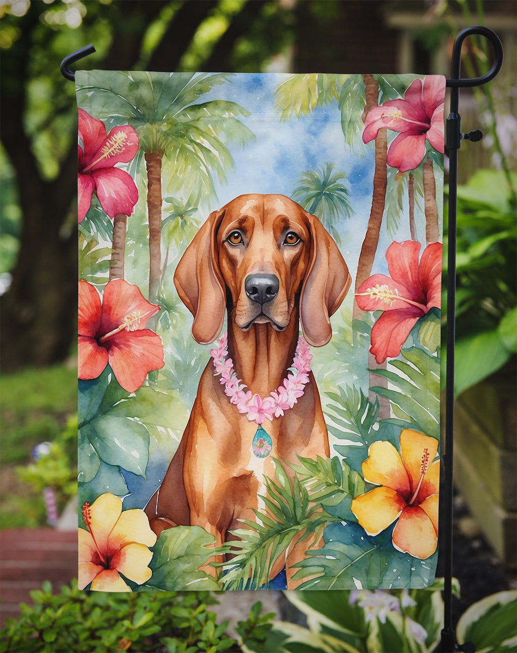 Redbone Coonhound Luau Garden Flag-2