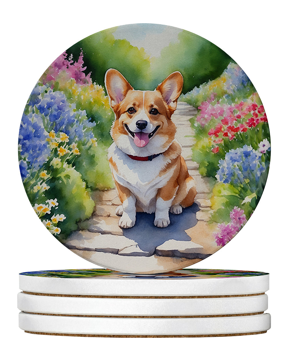 Corgi Spring Path Large Sandstone Coasters Pack of 4-0