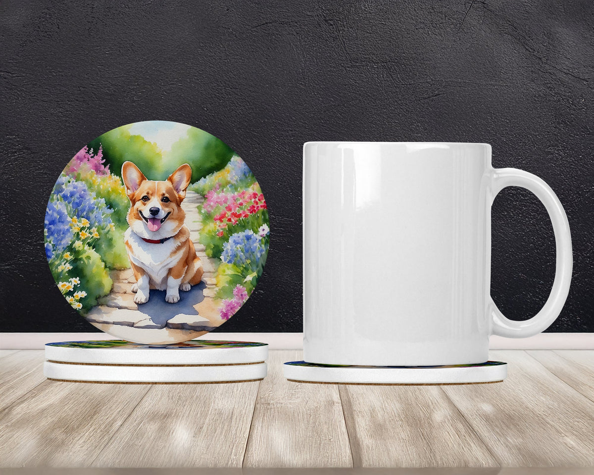 Corgi Spring Path Large Sandstone Coasters Pack of 4-1