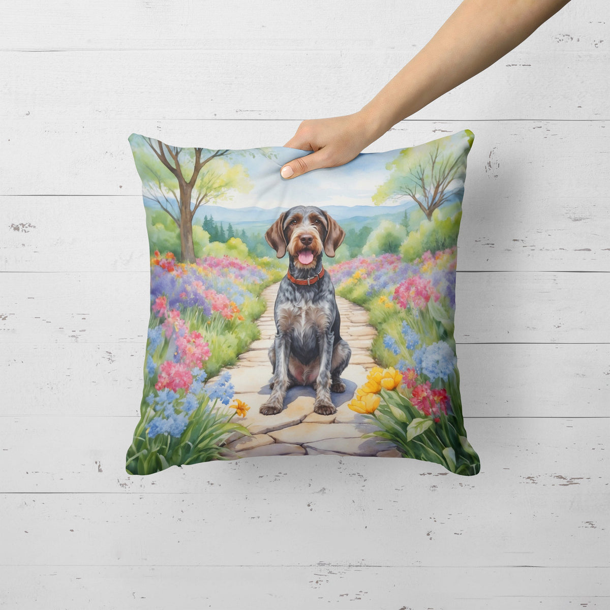 German Wirehaired Pointer Spring Path Throw Pillow-1