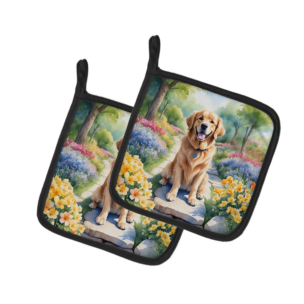 Golden Retriever Spring Path Pair of Pot Holders-0