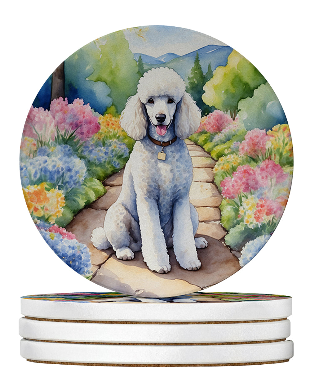 White Poodle Spring Path Large Sandstone Coasters Pack of 4-0