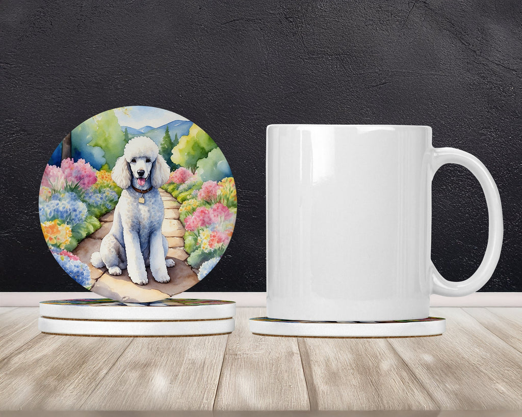 White Poodle Spring Path Large Sandstone Coasters Pack of 4-1