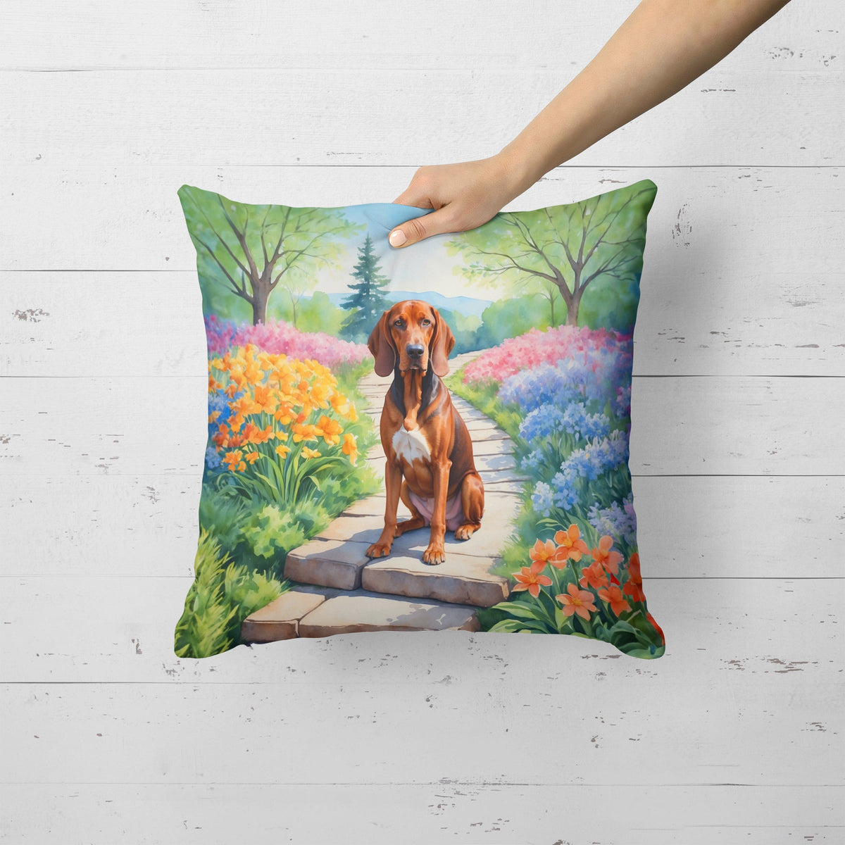 Redbone Coonhound Spring Path Throw Pillow-1