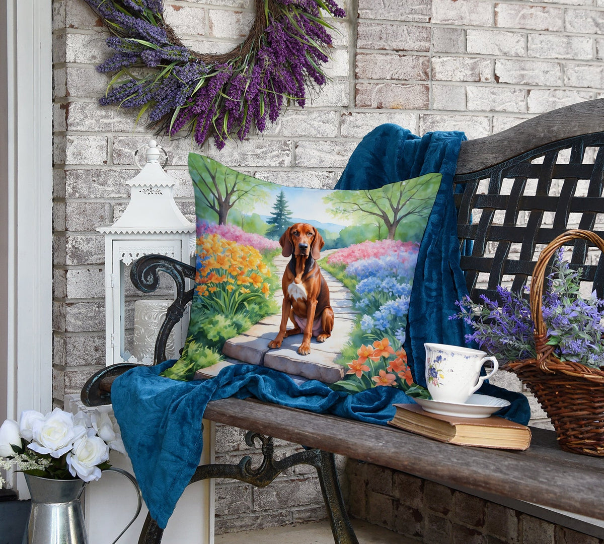 Redbone Coonhound Spring Path Throw Pillow-3