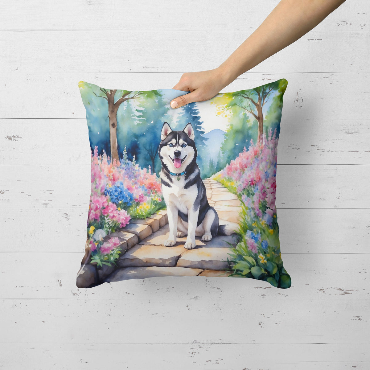 Siberian Husky Spring Path Throw Pillow-1