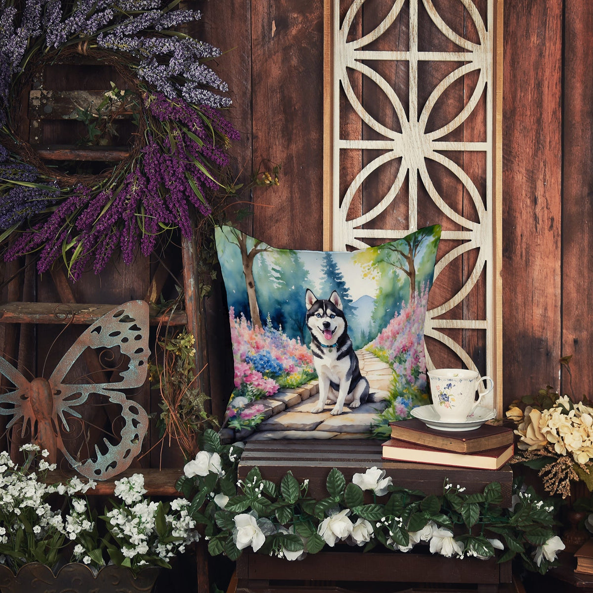 Siberian Husky Spring Path Throw Pillow-4
