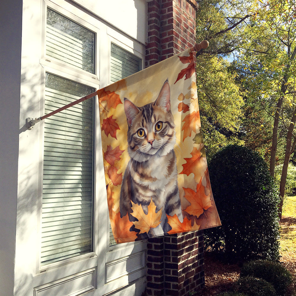 American Bobtail Cat in Fall Leaves House Flag-1