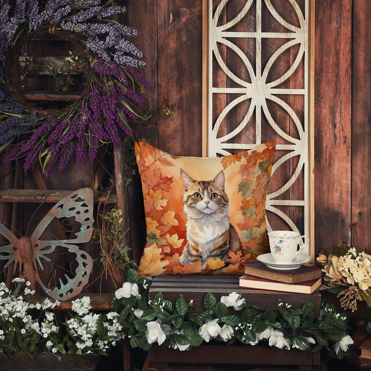 Chantilly Tiffany Cat in Fall Leaves Throw Pillow-4