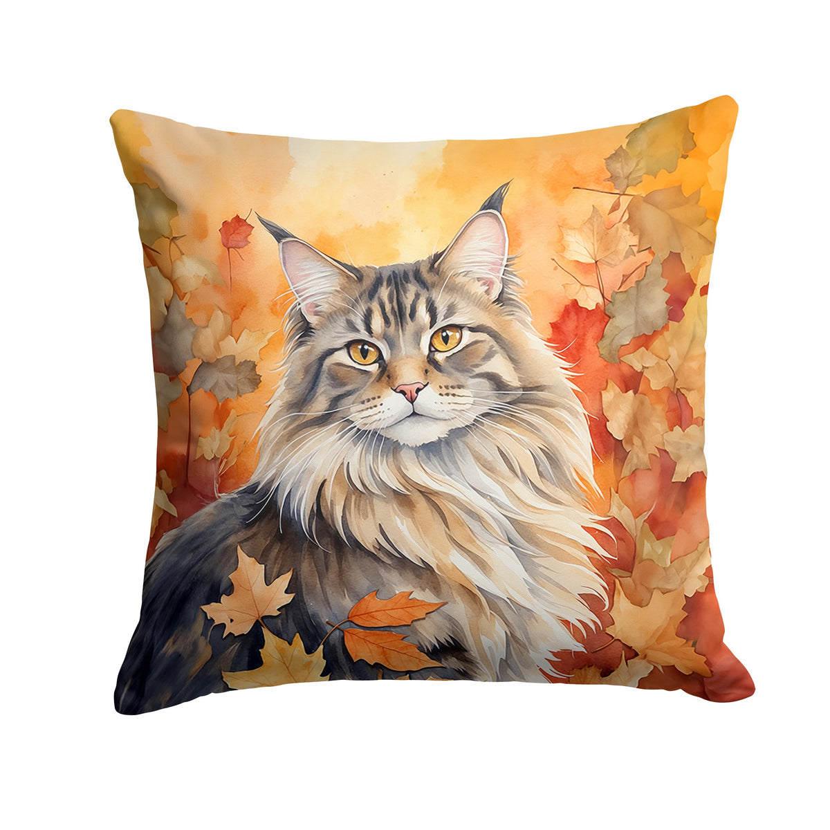 MaineCoon Cat in Fall Leaves Throw Pillow-0
